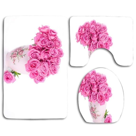 PUDMAD Pink Roses Bouquet 3 Piece Bathroom Rugs Set Bath Rug Contour Mat and Toilet Lid Cover