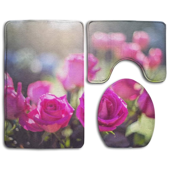 PUDMAD Pink Roses Buds Light 3 Piece Bathroom Rugs Set Bath Rug Contour Mat and Toilet Lid Cover