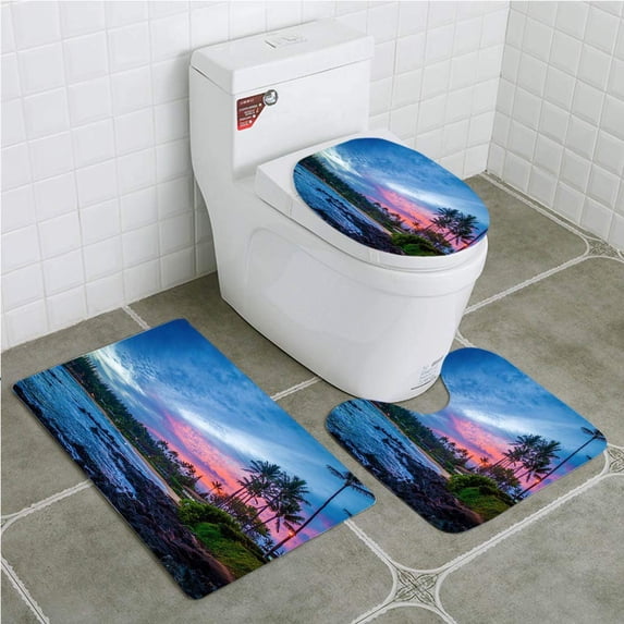 PUDMAD Pink Sunrise napili Bay Maui Hawaii 3 Piece Bathroom Rugs Set Bath Rug Contour Mat and Toilet Lid Cover