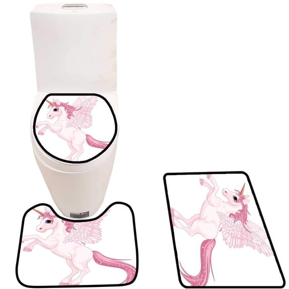 PUDMAD Pink Unicorn Pegasus 3 Piece Bathroom Rugs Set Bath Rug Contour Mat and Toilet Lid Cover