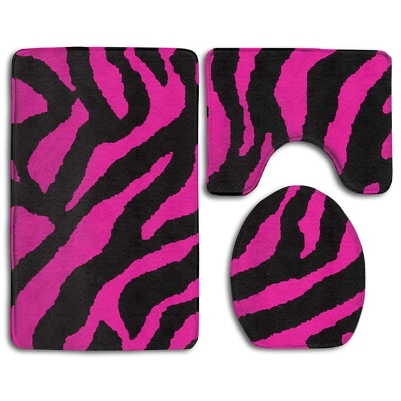 PUDMAD Pink Zebra Stripe 3 Piece Bathroom Rugs Set Bath Rug Contour Mat and Toilet Lid Cover