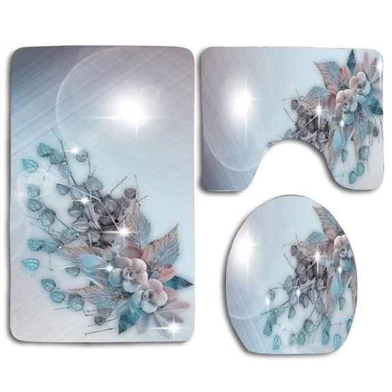 PUDMAD Pinks Cyans on Bright 3 Piece Bathroom Rugs Set Bath Rug Contour Mat and Toilet Lid Cover