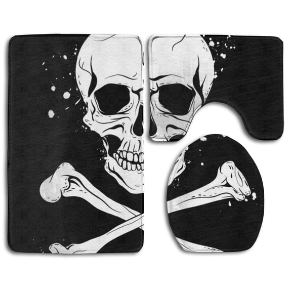PUDMAD Pirate Black Flag Skull and Crossbones 3 Piece Bathroom Rugs Set Bath Rug Contour Mat and Toilet Lid Cover