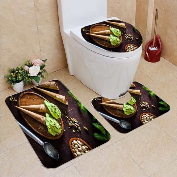 PUDMAD Pistachio ice Cream Cones Shot Rustic Table 3 Piece Bathroom Rugs Set Bath Rug Contour Mat and Toilet Lid Cover