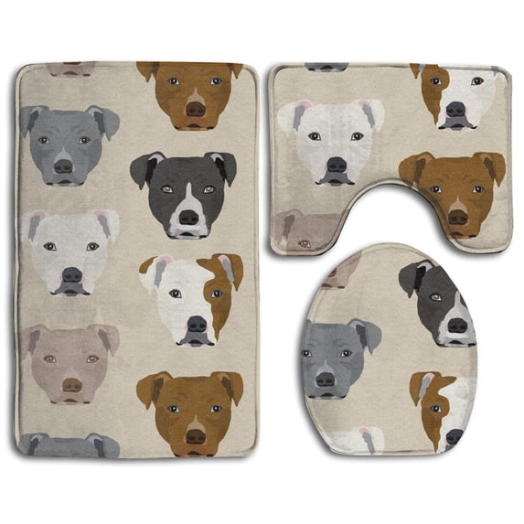 PUDMAD Pitbull Heads 3 Piece Bathroom Rugs Set Bath Rug Contour Mat and Toilet Lid Cover