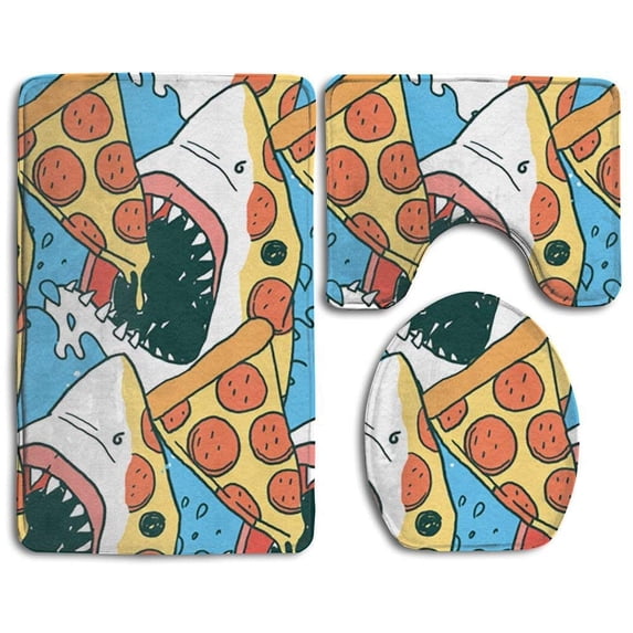 PUDMAD Pizza Shark 3 Piece Bathroom Rugs Set Bath Rug Contour Mat and Toilet Lid Cover
