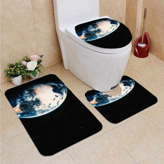 PUDMAD Planet Earth Star s 3 Piece Bathroom Rugs Set Bath Rug Contour Mat and Toilet Lid Cover