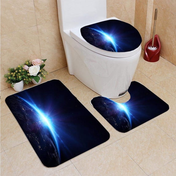 PUDMAD Planet Earth Sunrise in Space 3 Piece Bathroom Rugs Set Bath Rug Contour Mat and Toilet Lid Cover