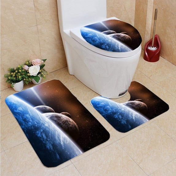 PUDMAD Planet Landscape 3 Piece Bathroom Rugs Set Bath Rug Contour Mat and Toilet Lid Cover
