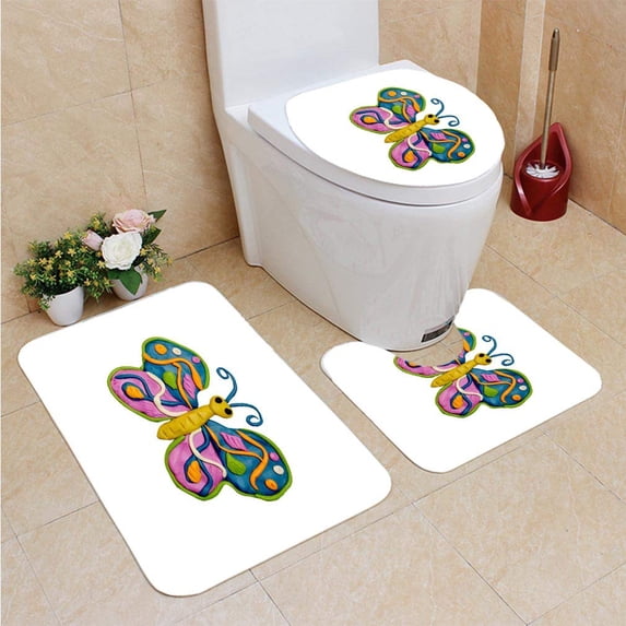 PUDMAD Plasticine Butterfly 3D Rendering Sculpture 3 Piece Bathroom Rugs Set Bath Rug Contour Mat and Toilet Lid Cover