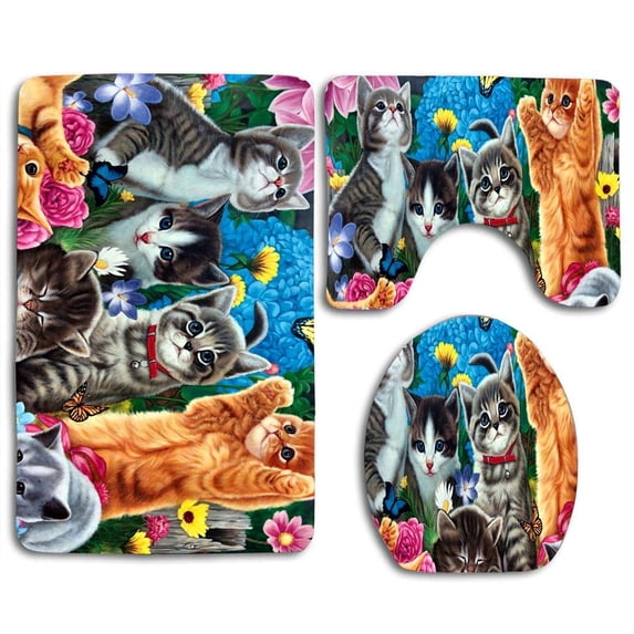 PUDMAD Play Cat Garden Butteflies Pet 3 Piece Bathroom Rugs Set Bath Rug Contour Mat and Toilet Lid Cover