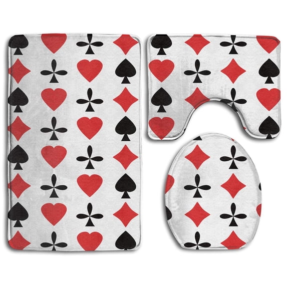 PUDMAD Playing Card Suits 3 Piece Bathroom Rugs Set Bath Rug Contour Mat and Toilet Lid Cover