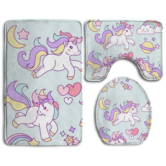 PUDMAD Playing Unicorn 3 Piece Bathroom Rugs Set Bath Rug Contour Mat and Toilet Lid Cover