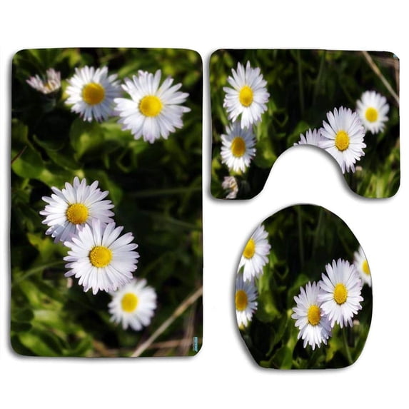 PUDMAD Pleasant Daisies 3 Piece Bathroom Rugs Set Bath Rug Contour Mat and Toilet Lid Cover