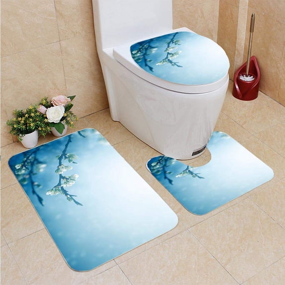 PUDMAD Plum Blossoms 3 Piece Bathroom Rugs Set Bath Rug Contour Mat and Toilet Lid Cover