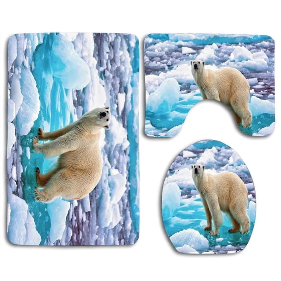 PUDMAD Polar Bear Ice Flow 3 Piece Bathroom Rugs Set Bath Rug Contour Mat and Toilet Lid Cover