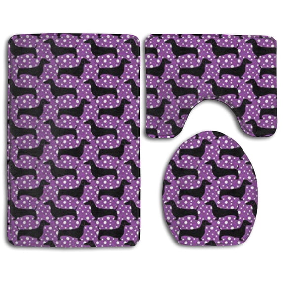 PUDMAD Polka Dachshunds Purple and Black 3 Piece Bathroom Rugs Set Bath Rug Contour Mat and Toilet Lid Cover