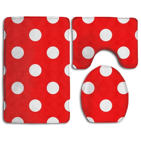 PUDMAD Polka Dot Red 3 Piece Bathroom Rugs Set Bath Rug Contour Mat and Toilet Lid Cover
