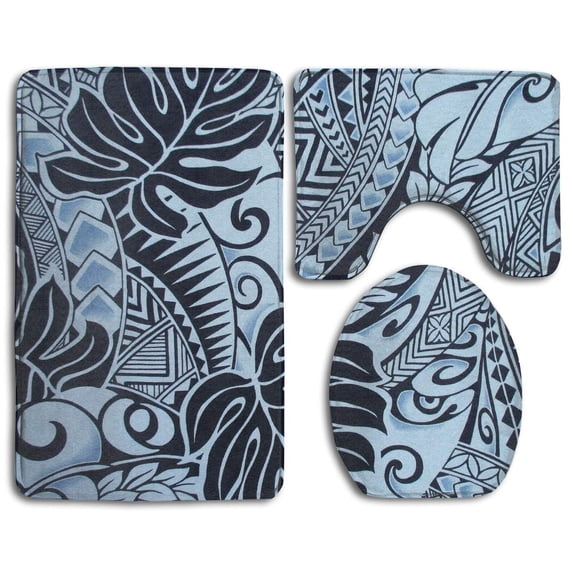 PUDMAD Polynesian Tattoo Tapa s in Blue 3 Piece Bathroom Rugs Set Bath Rug Contour Mat and Toilet Lid Cover