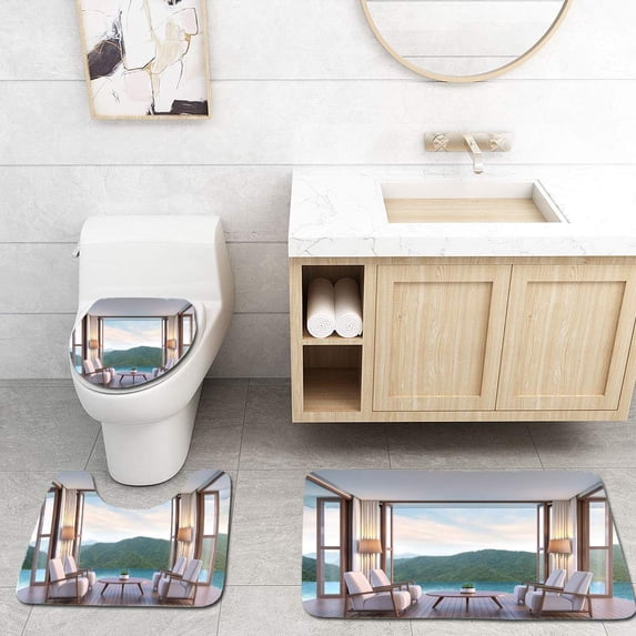PUDMAD Pool Villa Living Room Mountain View 3D Rendering 3 Piece Bathroom Rugs Set Bath Rug Contour Mat and Toilet Lid Cover