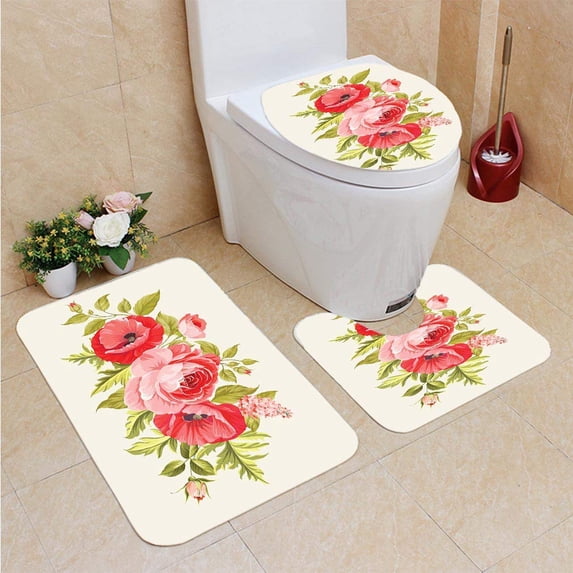 PUDMAD Poppies 3 Piece Bathroom Rugs Set Bath Rug Contour Mat and Toilet Lid Cover
