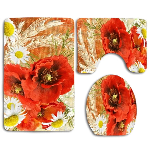 PUDMAD Poppy Daisy Autumn 3 Piece Bathroom Rugs Set Bath Rug Contour Mat and Toilet Lid Cover