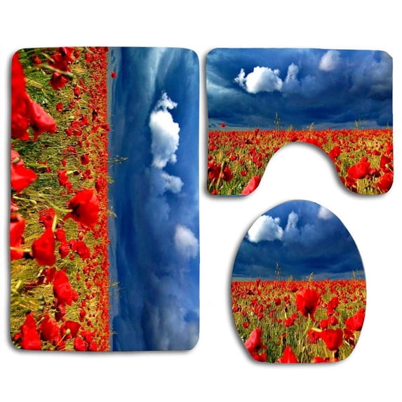 PUDMAD Poppy Field 3 Piece Bathroom Rugs Set Bath Rug Contour Mat and Toilet Lid Cover