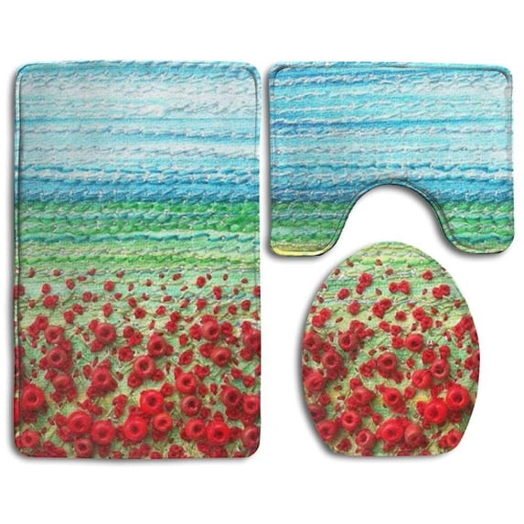 PUDMAD Poppy Field Fabric 3 Piece Bathroom Rugs Set Bath Rug Contour Mat and Toilet Lid Cover