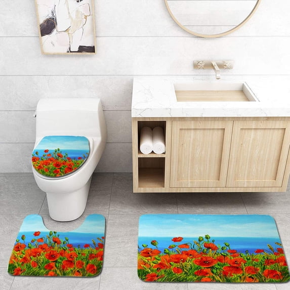 PUDMAD Poppy Field Near sea Colorful Coast Art Oil Painting 3 Piece Bathroom Rugs Set Bath Rug Contour Mat and Toilet Lid Cover