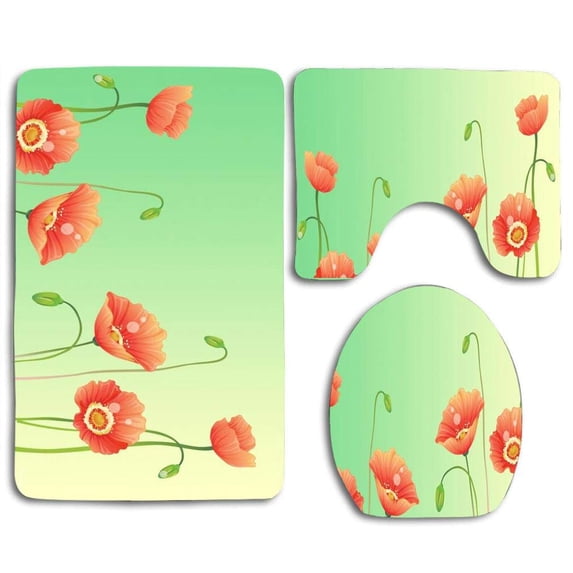 PUDMAD Poppy Flavor 3 Piece Bathroom Rugs Set Bath Rug Contour Mat and Toilet Lid Cover