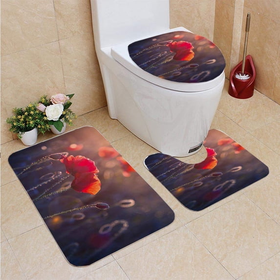 PUDMAD Poppy Flowers in Meadow at Sunset 3 Piece Bathroom Rugs Set Bath Rug Contour Mat and Toilet Lid Cover