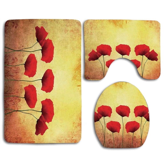 PUDMAD Poppy Poppies on an Old Aged Retro Featured Backdrop Past Days Drama Petals Artprint 3 Piece Bathroom Rugs Set Bath Rug Contour Mat and Toilet Lid Cover
