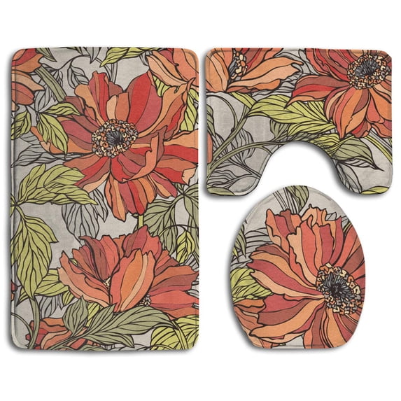 PUDMAD Poppy Roses Flowers 3 Piece Bathroom Rugs Set Bath Rug Contour Mat and Toilet Lid Cover