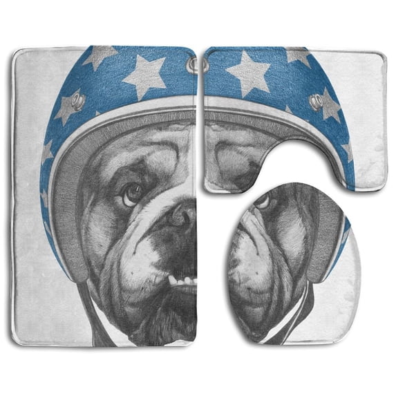 PUDMAD Portrait English Bulldog Helmet Drawn 3 Piece Bathroom Rugs Set Bath Rug Contour Mat and Toilet Lid Cover