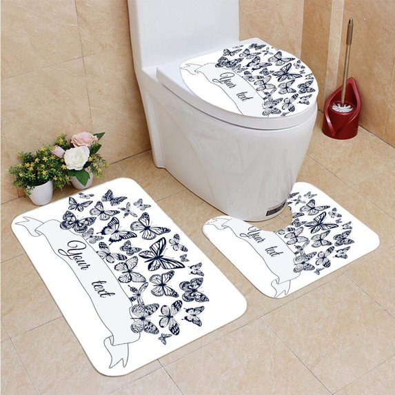 PUDMAD Poster Silhouettes Butterflies Different Sizes 3 Piece Bathroom Rugs Set Bath Rug Contour Mat and Toilet Lid Cover