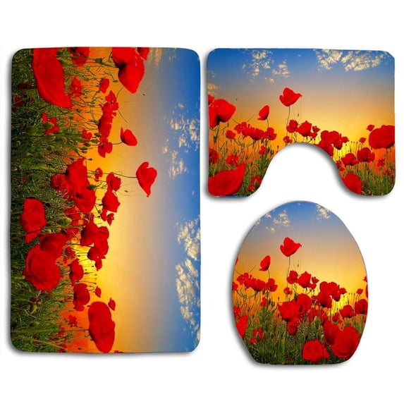 PUDMAD Pretty Poppies 3 Piece Bathroom Rugs Set Bath Rug Contour Mat and Toilet Lid Cover