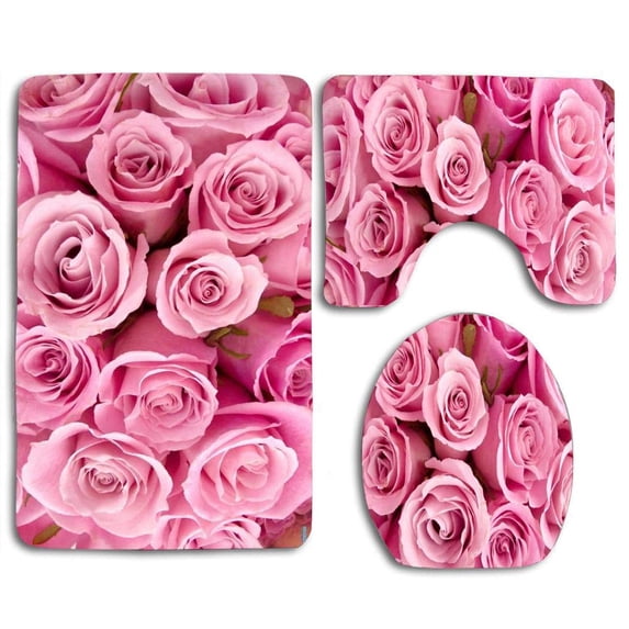 PUDMAD Pretty in Pink 3 Piece Bathroom Rugs Set Bath Rug Contour Mat and Toilet Lid Cover