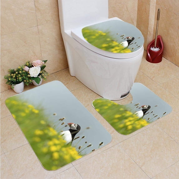 PUDMAD Puffin Dreaming in Summer 3 Piece Bathroom Rugs Set Bath Rug Contour Mat and Toilet Lid Cover