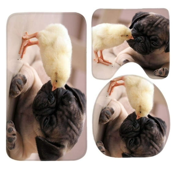 PUDMAD Pug Dog Chicken 3 Piece Bathroom Rugs Set Bath Rug Contour Mat and Toilet Lid Cover