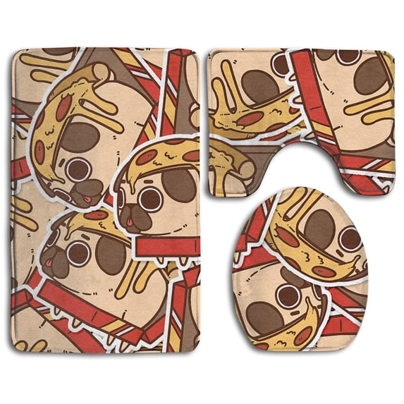 PUDMAD Pug Pizza 3 Piece Bathroom Rugs Set Bath Rug Contour Mat and Toilet Lid Cover