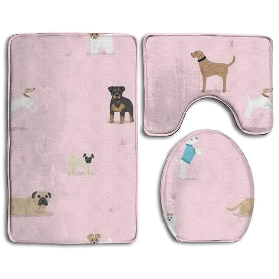 PUDMAD Pugs 3 Piece Bathroom Rugs Set Bath Rug Contour Mat and Toilet Lid Cover