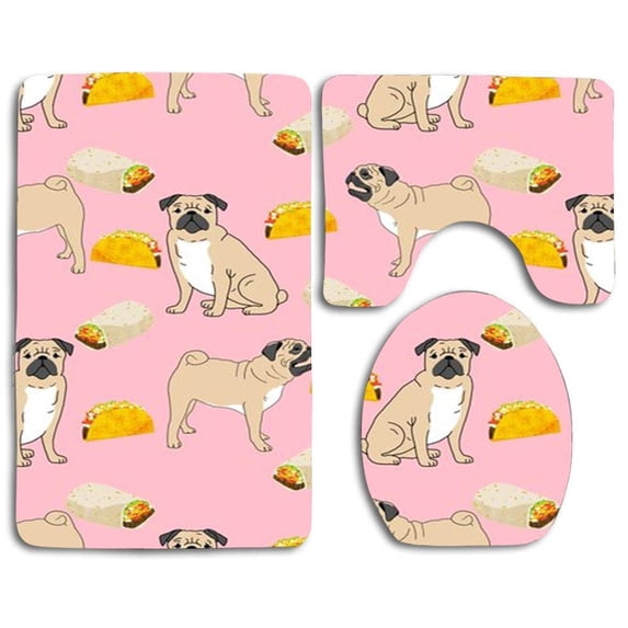 PUDMAD Pugs Dog Tacos Food Cute Funny 3 Piece Bathroom Rugs Set Bath Rug Contour Mat and Toilet Lid Cover