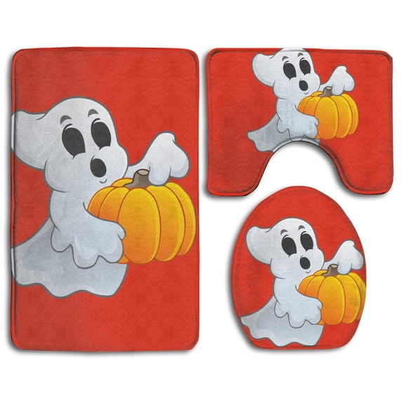 PUDMAD Pumpkin Clipart Ghost 3 Piece Bathroom Rugs Set Bath Rug Contour Mat and Toilet Lid Cover