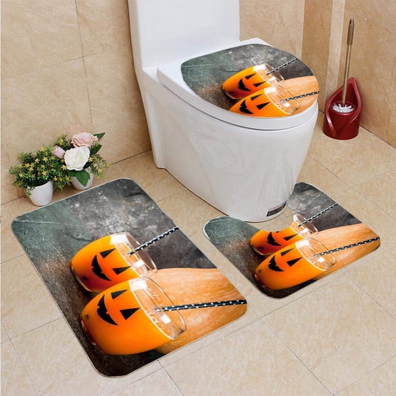PUDMAD Pumpkin Drink Halloween Party 3 Piece Bathroom Rugs Set Bath Rug Contour Mat and Toilet Lid Cover