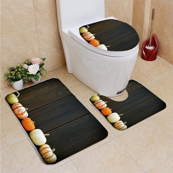 PUDMAD Pumpkin Frame 3 Piece Bathroom Rugs Set Bath Rug Contour Mat and Toilet Lid Cover