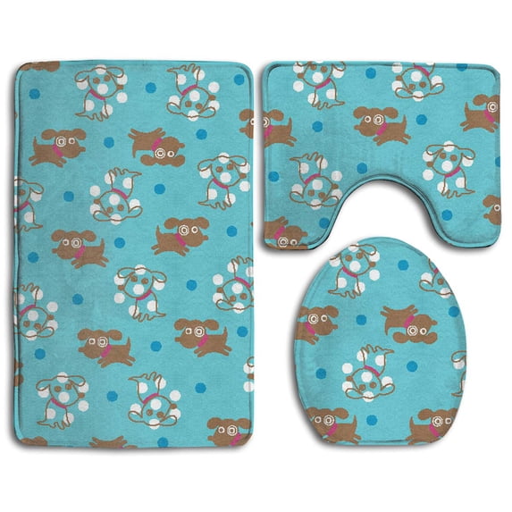 PUDMAD Puppy Dog 3 Piece Bathroom Rugs Set Bath Rug Contour Mat and Toilet Lid Cover