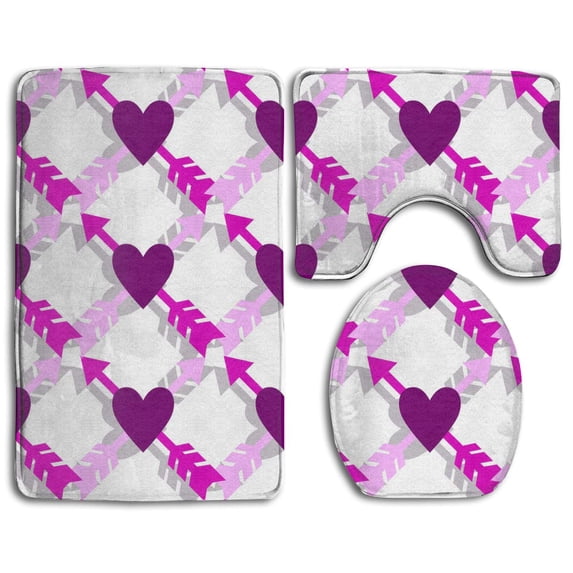 PUDMAD Purple Arrow Heart 3 Piece Bathroom Rugs Set Bath Rug Contour Mat and Toilet Lid Cover