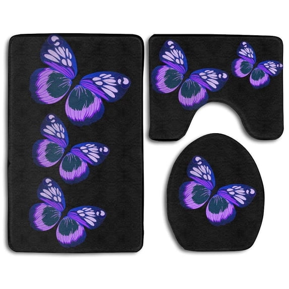 PUDMAD Purple Butterfly 3 Piece Bathroom Rugs Set Bath Rug Contour Mat and Toilet Lid Cover