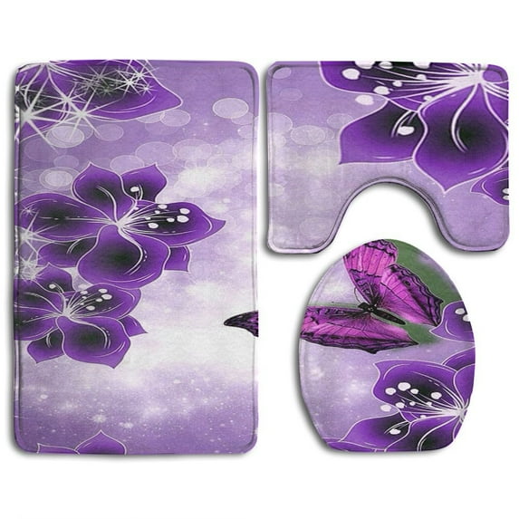 PUDMAD Purple Butterfly Art 3 Piece Bathroom Rugs Set Bath Rug Contour Mat and Toilet Lid Cover