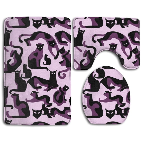 PUDMAD Purple Cat 3 Piece Bathroom Rugs Set Bath Rug Contour Mat and Toilet Lid Cover